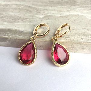 Cranberry red Crystal drop Gold Huggie Earrings